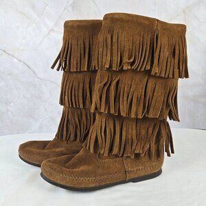 Minnetonka Size 7 3-Layer Fringe Boot Brown Suede Leather Pull On Style NWOT